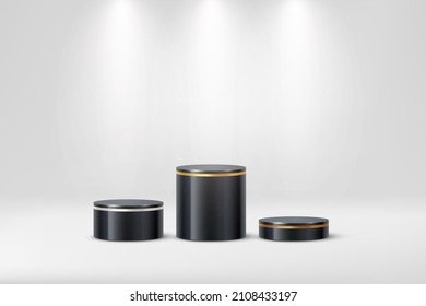 3d podium black platform cylinders with gold, silver and bronze line borders on edge vector illustration. Realistic pedestal stage mockup of round geometric shape, winner stand background