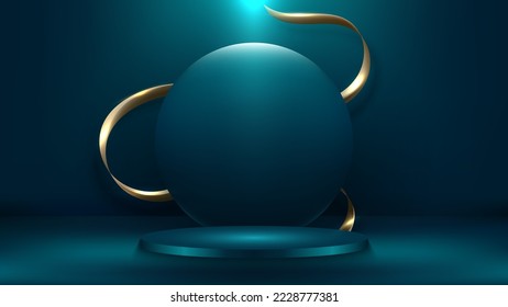 3D podium blue emerald circles backdrop minimal scene with golden ribbon and spotlight shine on the floor luxury style. Design for cosmetic product display, sale marketing promotion, etc. Vector