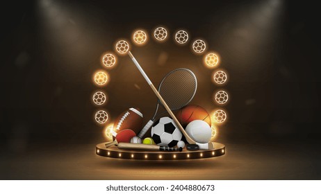 3d podium with a bright neon frame with balls, stick and racket in gold on a dark background. A concept for sports betting.