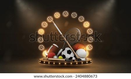 3d podium with a bright neon frame with balls, stick and racket in gold on a dark background. A concept for sports betting.