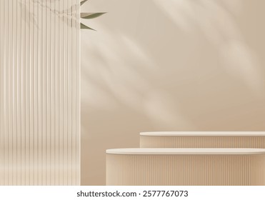 3d podium brown colours on background platform. stand show cosmetic product for display. Stage showcase on pedestal black and white studio platform. 3d simplicity shapes vector render illustration