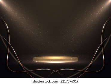 3D podium brown stage scene background with spotlights and dust particles decoration golden wavy lines luxury style. You can use for product display. Vector graphic illustration