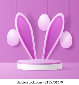 3D podium with bunny ears and Easter eggs. Stage with a pedestal on a pink background.