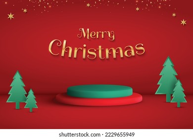 3d podium with Christmas tree and stars on red background. Merry Christmas Background Vector Illustration.