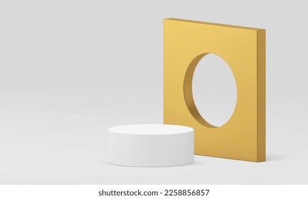 3d podium circle foundation geometric construction golden hole wall award arena realistic vector illustration. Pedestal round platform for product presentation promo display showroom studio background