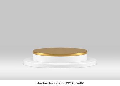 3d podium circle white golden pedestal award arena event celebration foundation realistic vector illustration. Pedestal cylinder basic platform decorative showcase minimal display product performance