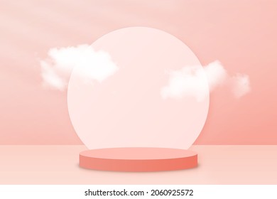 3d podium with clouds on abstract background. Abstract scene with podium or platform for product presentation. Luxury background in pastel colors with podium mockup. Vector