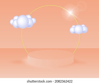 3D podium with clouds on a calming coral background. Geometric podium stage layout for website product showcase in modern style. Vector illustration.