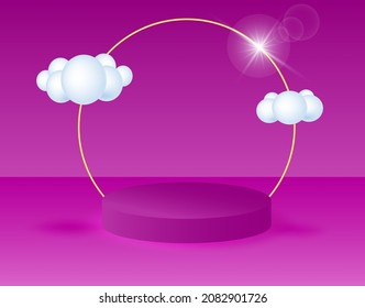3D podium with clouds on a velvet violet background. Geometric podium stage layout for website product showcase in modern style. Vector illustration.