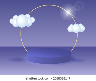 3D podium with clouds on a very peri background. Geometric podium stage layout for website product showcase in modern style. Vector illustration.