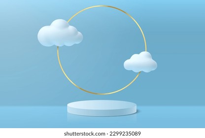 3d podium and clouds. Product sale pedestal with golden ring blue sky background and white cartoon dreamy cloud. Vector studio display mockup. Minimalistic cute stage with golden frame