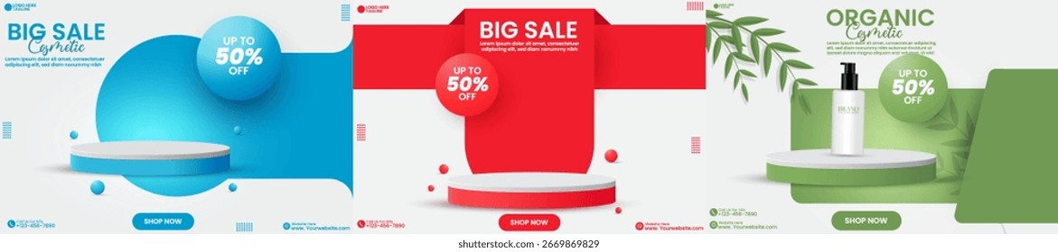 Vector de diseño de colección de podio 3D en un fondo aislado. Un conjunto de diseños de carteles de venta de productos de belleza de redes sociales con colores verde, azul y rojo. Vector de Plantilla de póster de venta de cosméticos naturales. 
