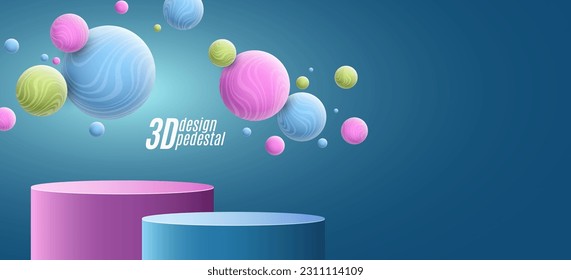 3d Podium con esferas 3d dinámicas coloridas texturizadas con estriado para mostrar su producto. Pedestal con burbujas voladoras abstractas. Ilustración vectorial. EPS 10.