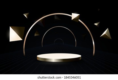 3D podium composition. Abstract gold minimal geometric futuristic technology concept background. Vector illustration