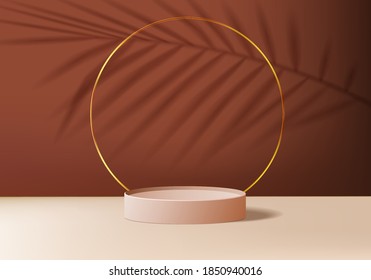 Podium minimale Hintergrundszene mit geometrischer Leaf-Plattform. Sommerhintergrund, Vektorgrafik 3D mit Podium. zeigen Kosmetikprodukte. Stufenvorführung auf dem Fußboden, modernes 3D-braunes Studio