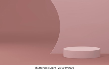 3d podium cylinder foundation beige curved wall concert stage arena merchandise presentation realistic vector illustration. Pedestal round basic construction product showcase display performance