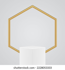 3d podium cylinder platform stage with golden hexagonal frame product presentation realistic vector illustration. Pedestal round basic foundation event celebration contest win construction decor