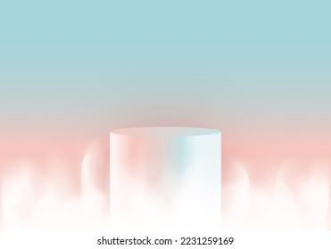 3D podium cylinder shape product display decoration smoke elements on blue and pink pastel background. Vector illustration