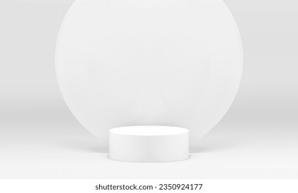 3d podium cylinder trendy pedestal with round wall backdrop for product presentation realistic vector illustration. White neutral minimalist aesthetic platform promo stand at studio background