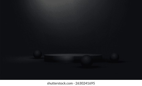 3D podium in dark background studio scene with platform for product presentation. Grainy textured.