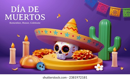 3D podium decorated with sugar skull in sombrero and day of the dead elements on purple background.