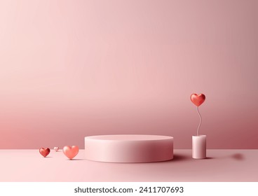 3D podium decoration Valentine's Day. Realistic elements adorn this minimal concept, showcased a pink floor and wall background, podium with vases and red hearts. Vector illustration