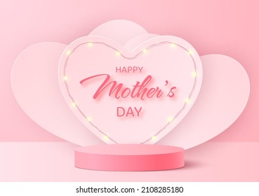 3D podium for demonstrating products against the background of hearts with a garland for Mother's Day or St. Valentine's Day.