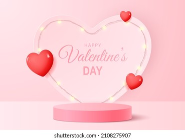3D podium for demonstrating products on the background of a heart with a garland on Valentine's Day or Mother's Day.