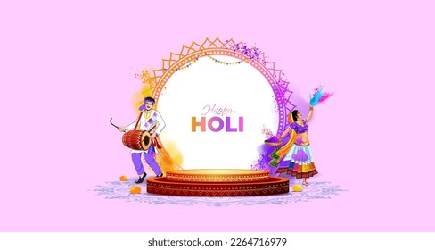 3d podium design for Holi Festival. Happy Holi text and vintage floral decoration. Colorful color splash Background with product display platform.