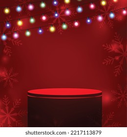 3d podium design on red background with decorative lights 