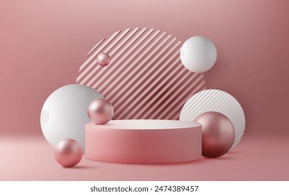 3D podium design with a pink and gold color palette. Shiny metallic balls and spheres create a futuristic and celebratory atmosphere. Perfect for commercial promotions and sales. Not AI.
