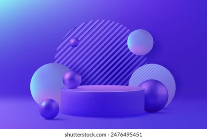 3D-Podiumdesign mit einer violetten Farbpalette. Glänzende neonmetallische Kugeln und Kugeln schaffen eine futuristische und feierliche Atmosphäre. Perfekt für Werbeaktionen und den Verkauf. Nicht KI.