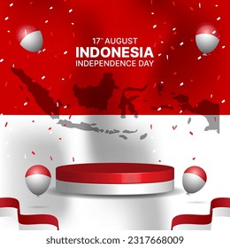 3d podium design in special indonesian independence day with indonesian flag background. vector illustration