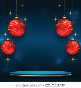 3d podium design with xmas bauble on shiny background 