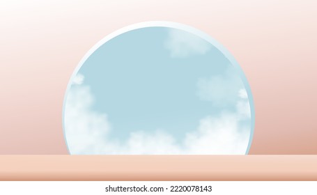 3D podium display on beige wall background,Vector backdrop banner stand with cloud blue sky on window,Minimal mockup Studio roomfor Beauty,Cosmetic,Spa product presentation 