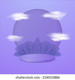 3d podium display pedestal in the purple color background with leaf and floating cloud. Scene for advertising, showcase, banner, cosmetic, fashion, business. Product display