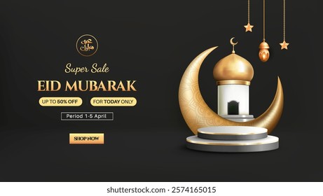 3d Podium Display of Product Eid Mubarak Sale Concept with Realistic Islamic Lantern, Stars and Islamic Crescent moon, suitable for banner, greeting card and social media post.