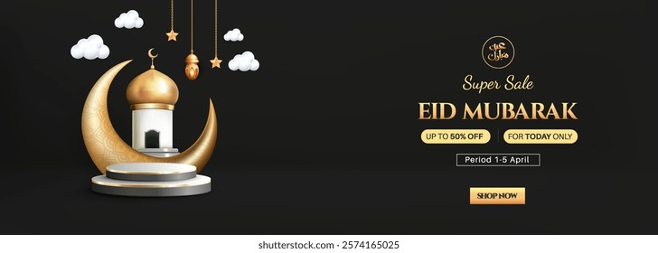 3d Podium Display of Product Eid Mubarak Sale Concept with Realistic Islamic Lantern, Clouds, Stars and Islamic Crescent moon, suitable for banner, greeting card and social media post.