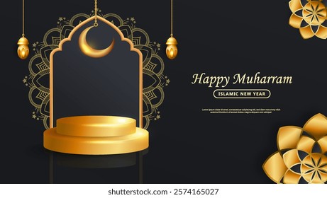 3d Podium Display of Product Eid Mubarak Sale Concept with Realistic Islamic Lantern and Islamic Crescent moon, suitable for banner, greeting card and social media post.