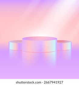 3D podium display scene with iridescent round platforms, soft glow, and reflections for product mockups, cosmetic branding, digital presentations, and modern web design. Vector illustration