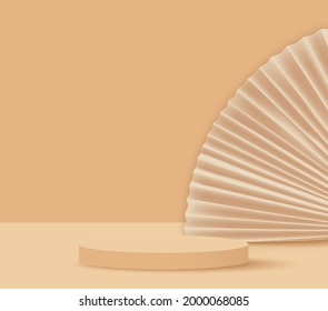 3d Podium Display Set. Copy Space Vector 3d Rendering , Beige Background,Cosmetics Or Beauty Product Mockup,Trendy Paper Fan Abstract Banner,illustration EPS10.