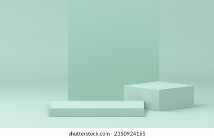 3d podium display squared geometric shape with light green wall backdrop realistic vector illustration. Promo pedestal trendy rendering showcase display modern commercial advertising studio interior