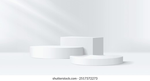 3D-Podium-Display-Ständer Studio weißen Hintergrund, Licht aus Fenster leuchten, Geometrische Zylinder und quadratische Bühne in allmählicher Höhe, leere Regale für Handelsartikel, sauberes Design.