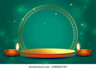 3d podium and diya design on shiny background for festival of lights 