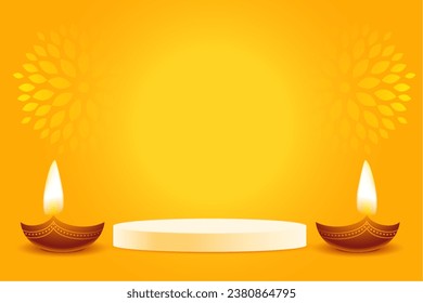 3d podium and diya design on yellow background for diwali festival 