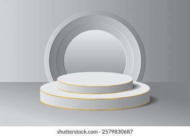 The 3D podium, elegant with a minimalist design in white and gold, features a circular platform and curved backdrop, perfect for displaying luxury products.