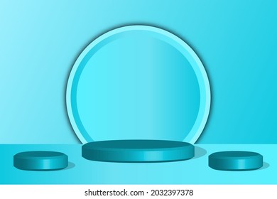 3 quinquies podio. Podio cilíndrico vacío en un fondo mínimo. Diseño para presentación de productos. Ilustración vectorial 3d. fondo azul