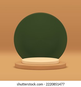 3d podium empty stage pedestal level award arena for premium product presentation realistic vector illustration. Cylinder foundation platform with green circle wall beige studio background display