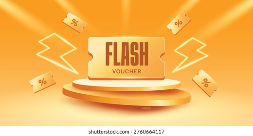 3d Podium flash sale with lighting effect. Yellow fying voucher and coupon design.