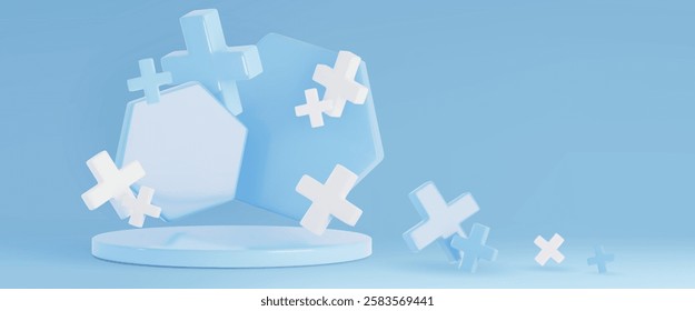 3D podium with floating medical crosses and hexagons on light blue background. Abstract healthcare platform with geometric shapes. Minimal medical display stand for pharmaceutical product presentation